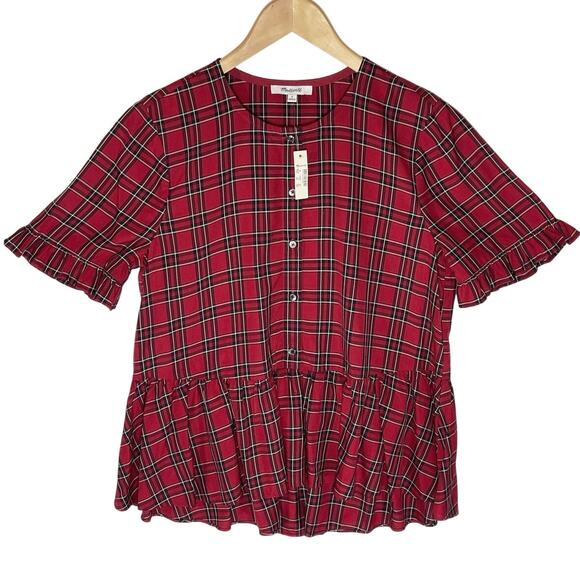 NWT MADEWELL Women’s Studio Ruffle-Hem top Red Clanton Plaid medium - Picture 4 of 6